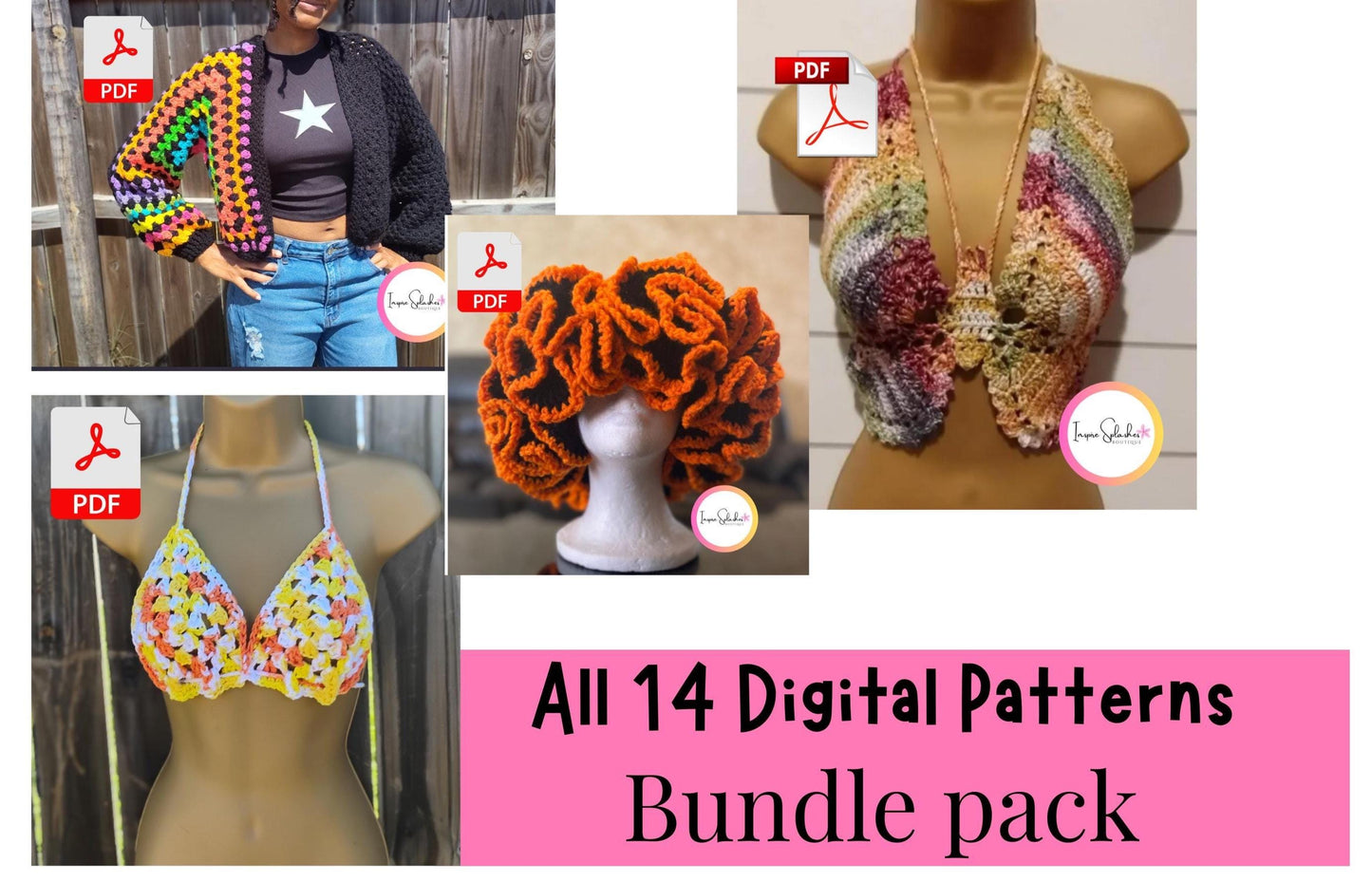 14 Crochet Pattern Bundle PDF – Granny Square Cardigan, Floppy Hats, Chunky Plush Hats, Crop Tops, Sun Hat, Bralette, Bikini Top