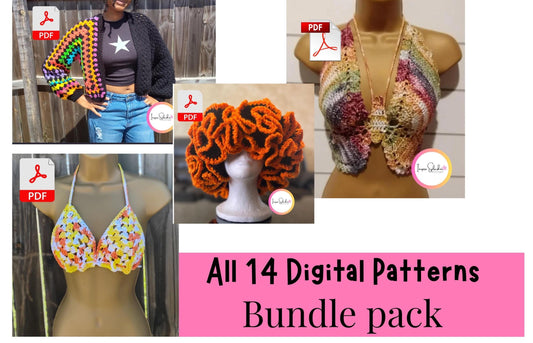 14 Crochet Pattern Bundle PDF – Granny Square Cardigan, Floppy Hats, Chunky Plush Hats, Crop Tops, Sun Hat, Bralette, Bikini Top