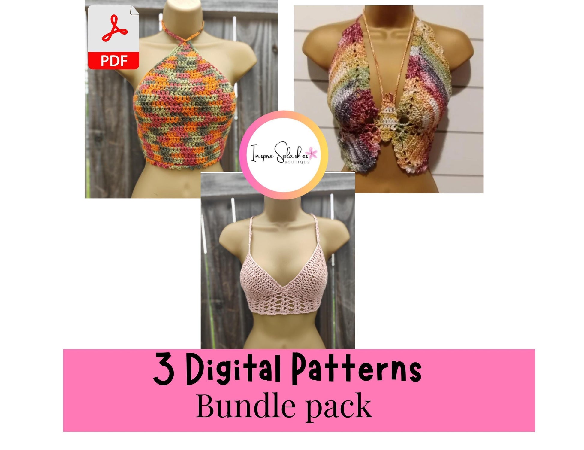 3 Digital Crochet Patterns – Halter Wrap, Butterfly Crop & Lacey Bralette