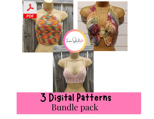 3 Digital Crochet Patterns – Halter Wrap, Butterfly Crop & Lacey Bralette