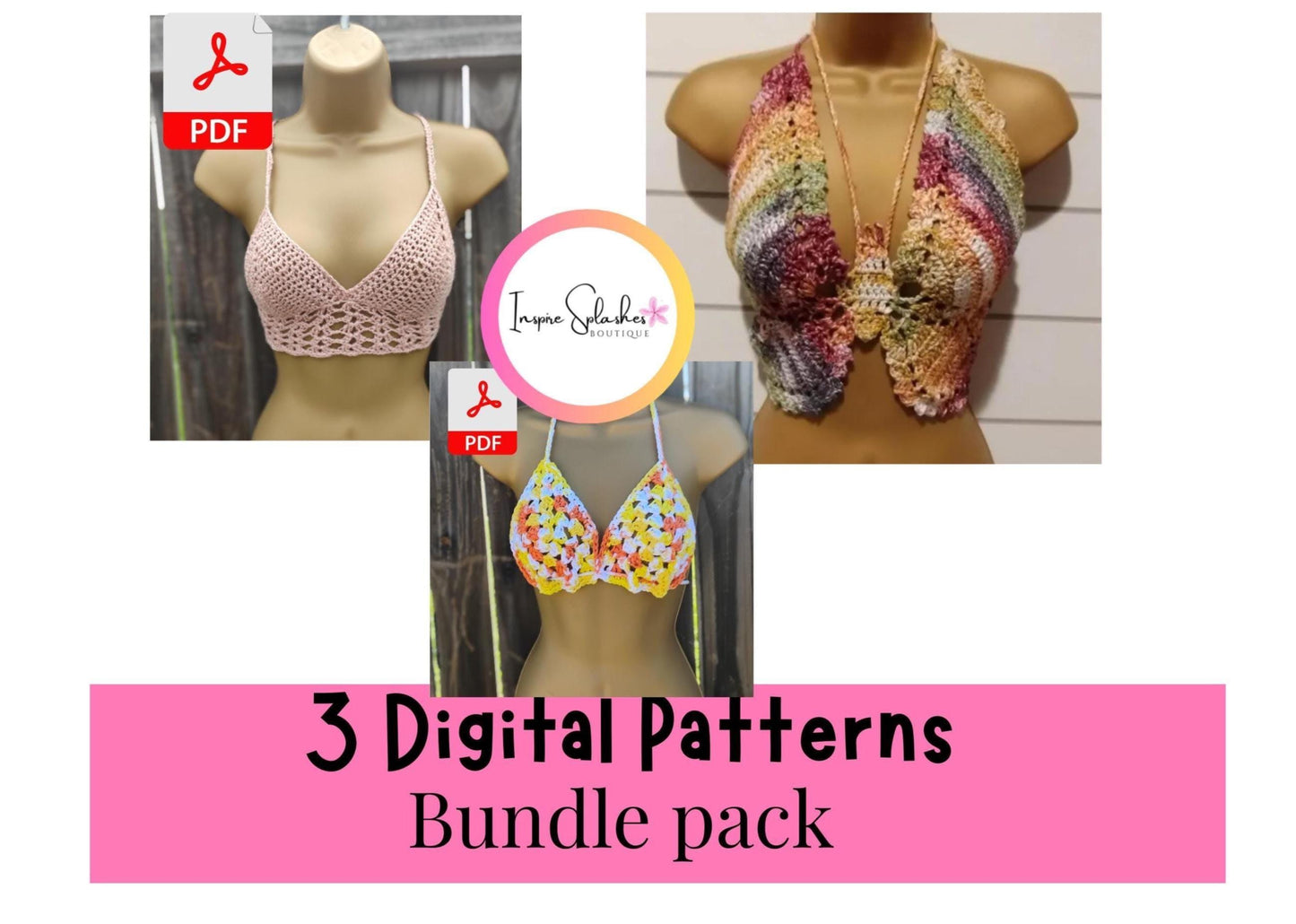 3 Digital Crochet Patterns – Halter Bikini, Butterfly Crop & Lacey Bralette