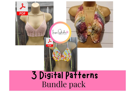 3 Digital Crochet Patterns – Halter Bikini, Butterfly Crop & Lacey Bralette