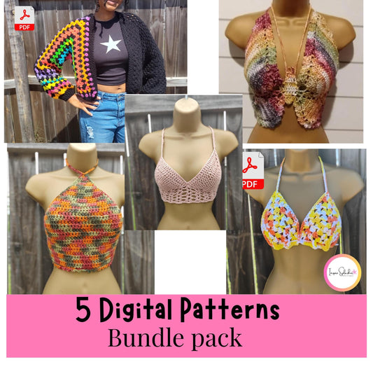 5 Digital Crochet Patterns – Cardigan, Halter Top, Bikini, Butterfly & Lacey Bralette