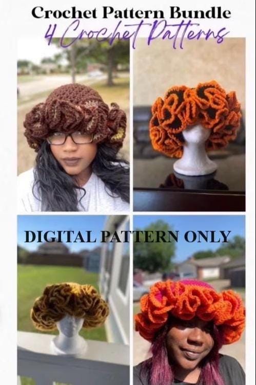 4 Digital Crochet Patterns – Ruffle Beanie & Bucket Hat Bundle