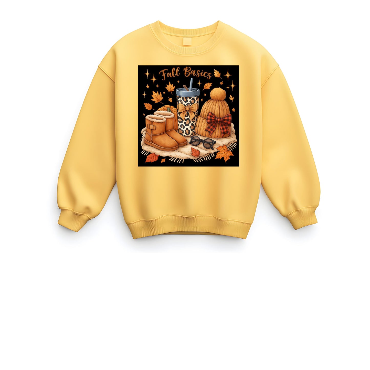 Fall Basics Aesthetic PNG | Cozy Autumn Clipart with Boots, Beanie, Leopard Cup, Pumpkin and Leaves | Sublimation & Sticker Design