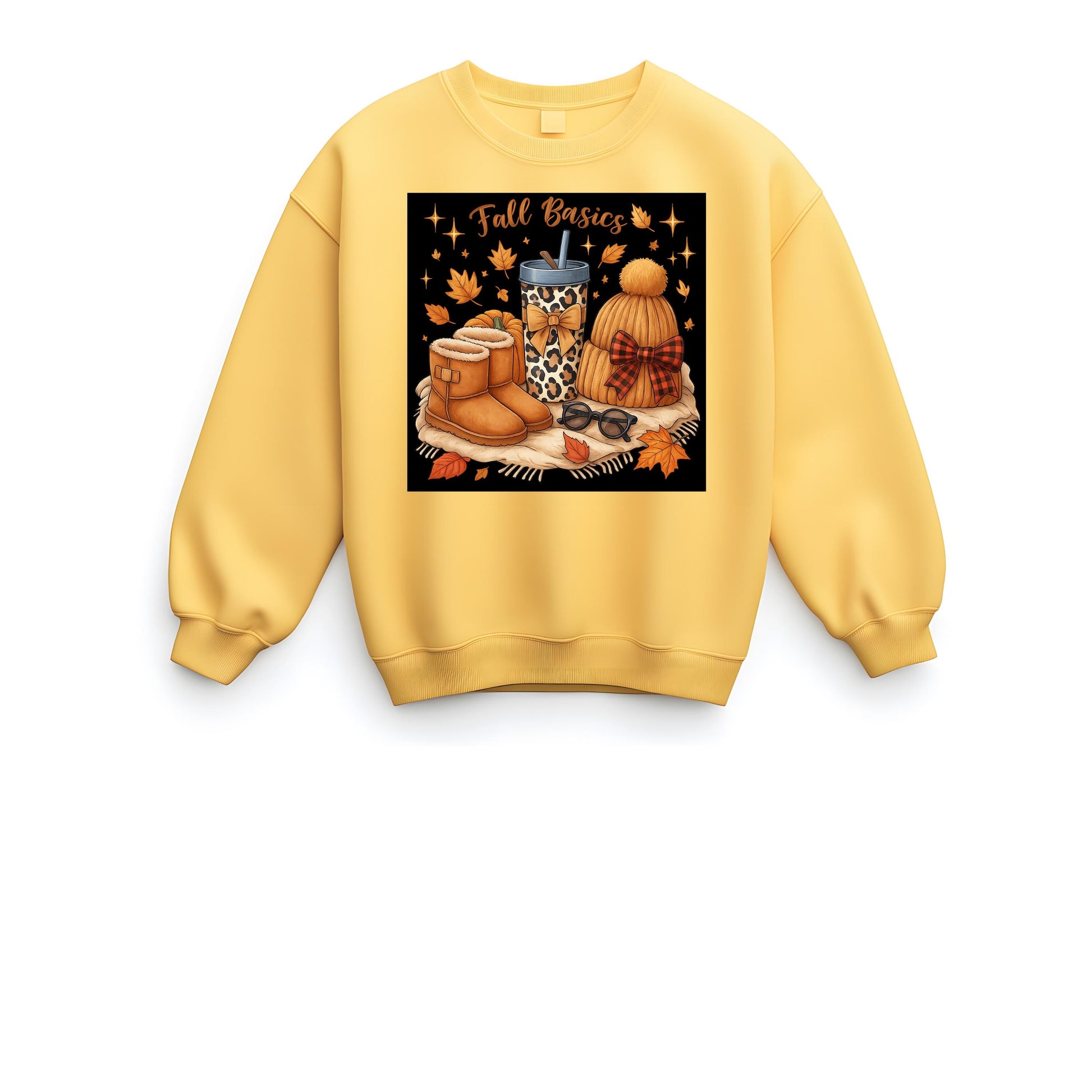 Fall Basics Aesthetic PNG | Cozy Autumn Clipart with Boots, Beanie, Leopard Cup, Pumpkin and Leaves | Sublimation & Sticker Design