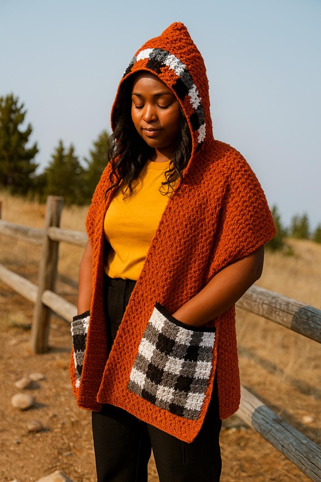 Crochet Pattern PDF – Cozy Buffalo Plaid Hooded Scarf with Pockets