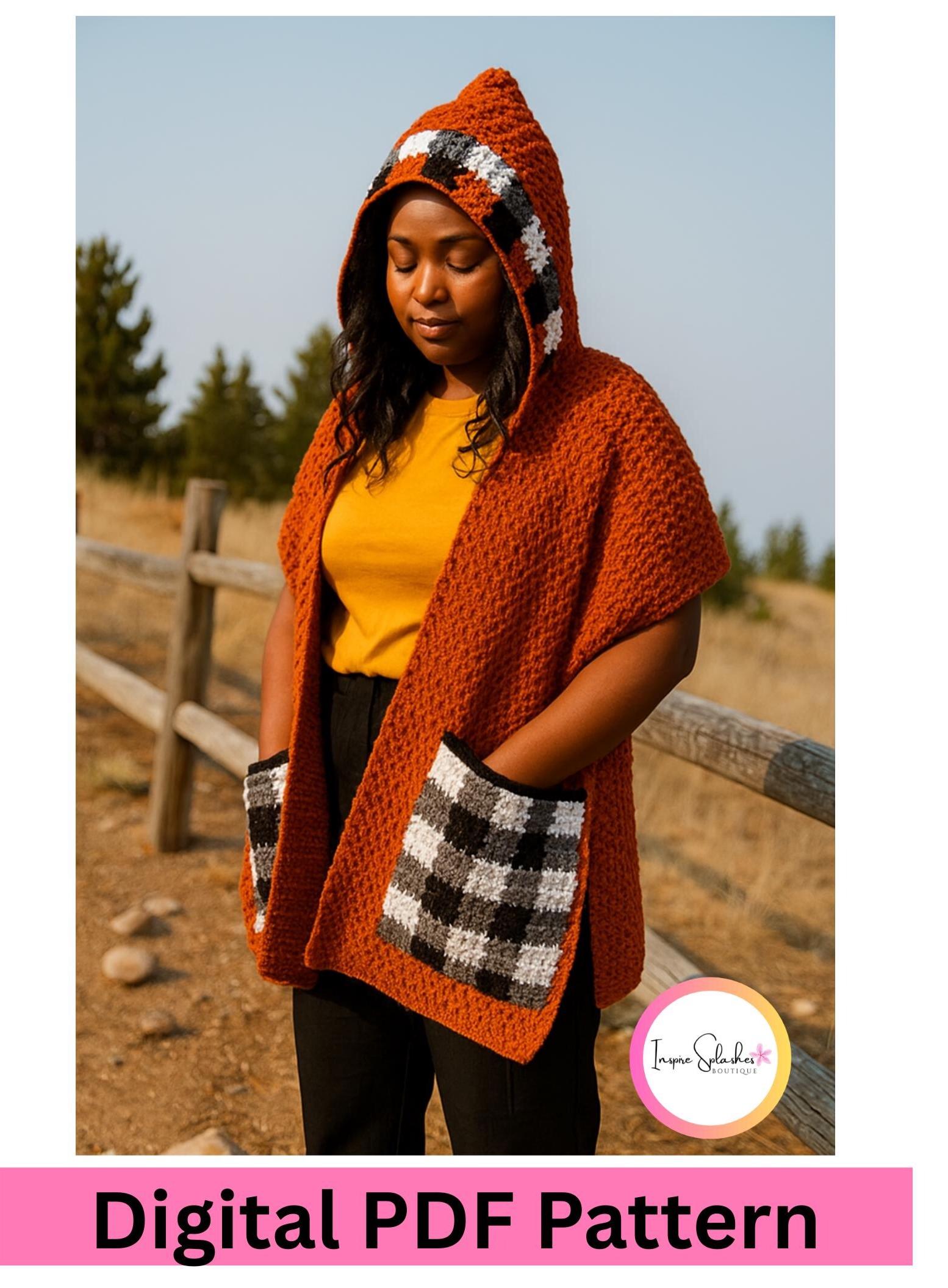 Crochet Pattern PDF – Cozy Buffalo Plaid Hooded Scarf with Pockets
