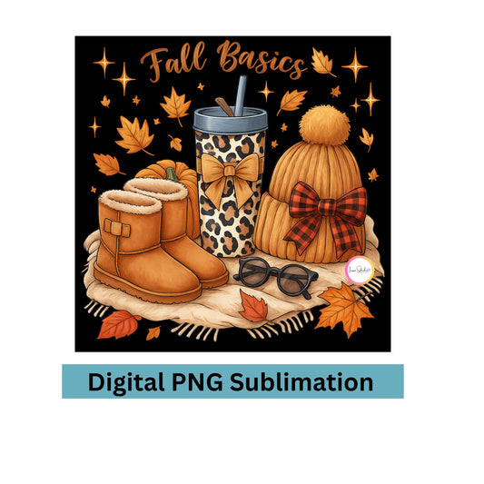 Fall Basics Aesthetic PNG | Cozy Autumn Clipart with Boots, Beanie, Leopard Cup, Pumpkin and Leaves | Sublimation & Sticker Design