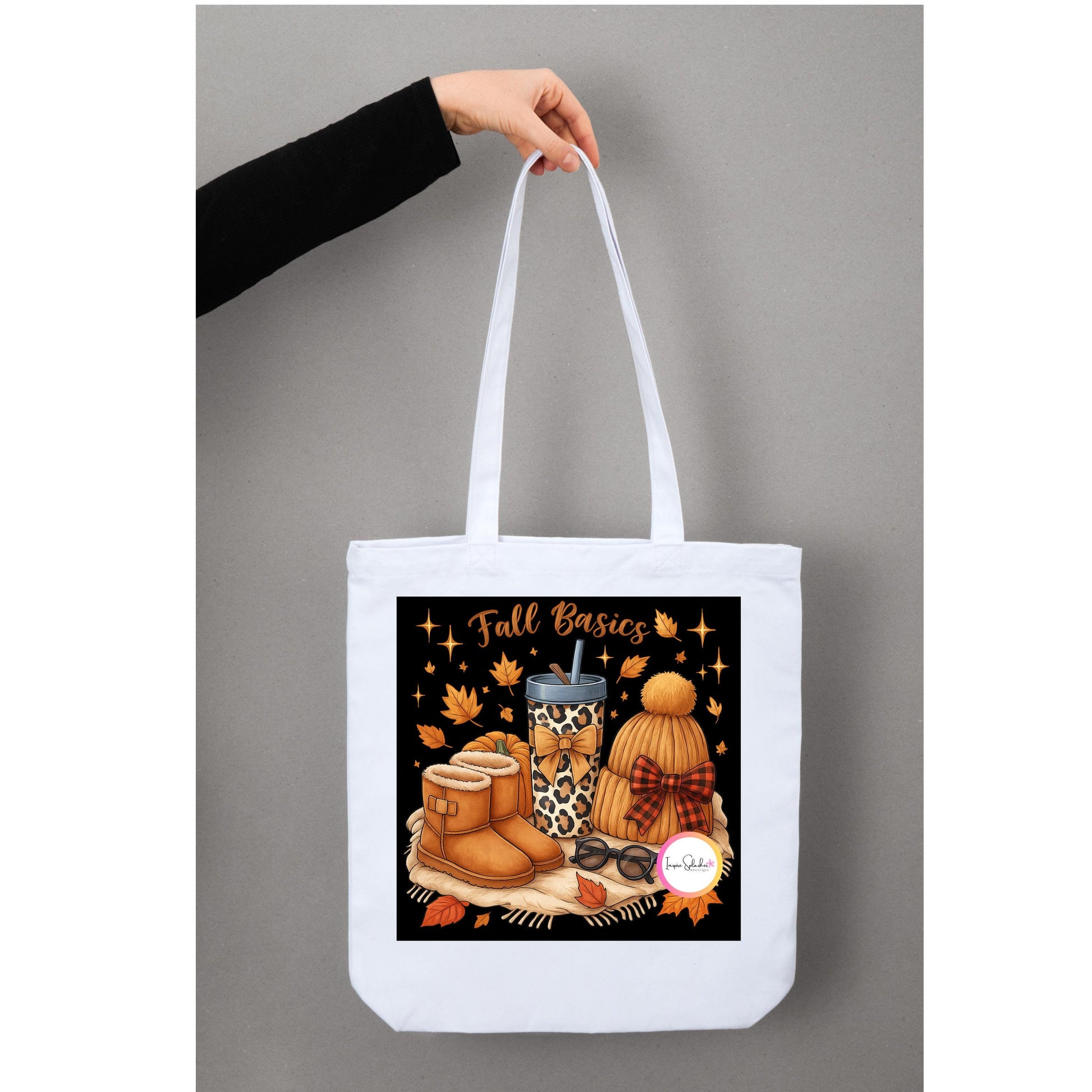 Fall Basics Aesthetic PNG | Cozy Autumn Clipart with Boots, Beanie, Leopard Cup, Pumpkin and Leaves | Sublimation & Sticker Design