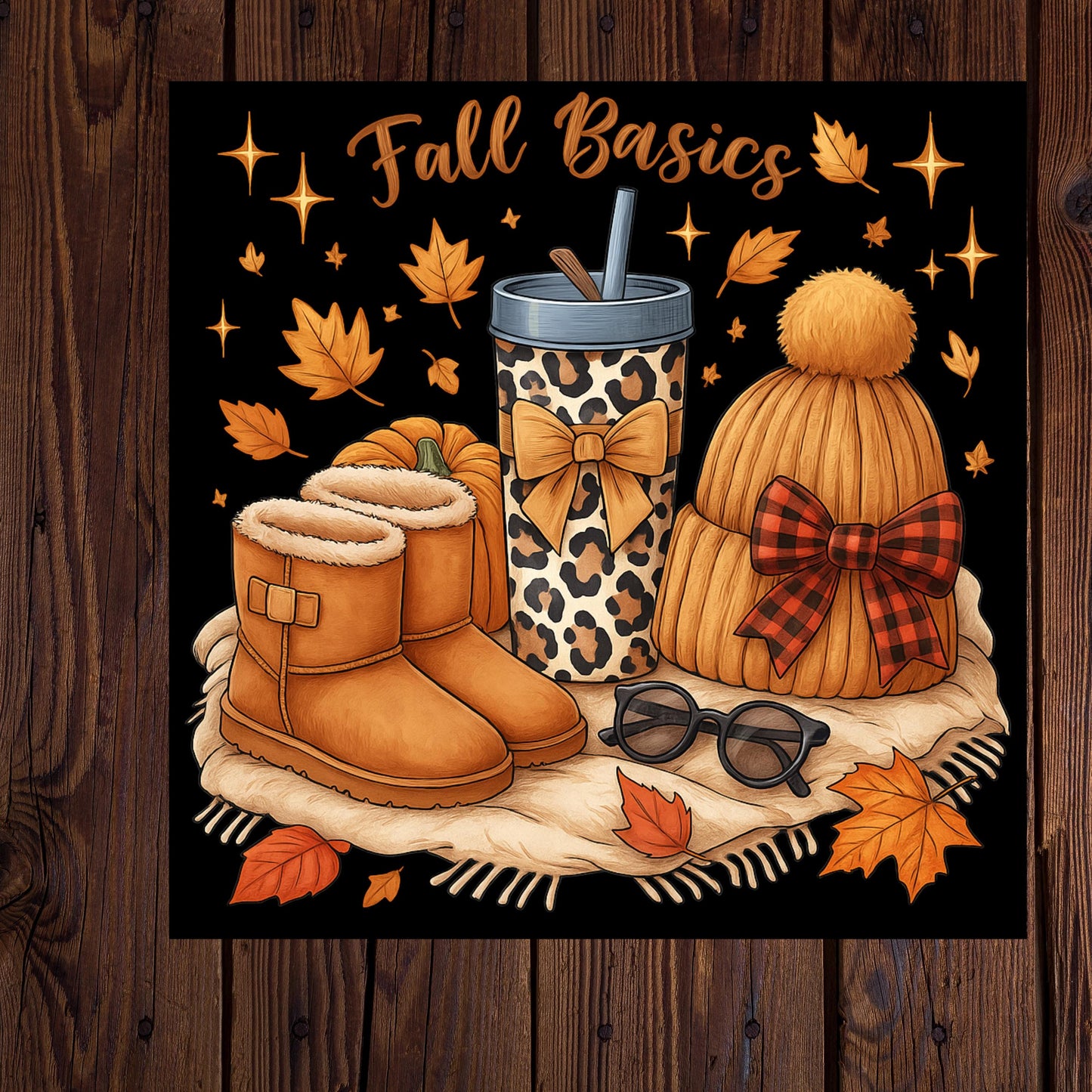 Fall Basics Aesthetic PNG | Cozy Autumn Clipart with Boots, Beanie, Leopard Cup, Pumpkin and Leaves | Sublimation & Sticker Design